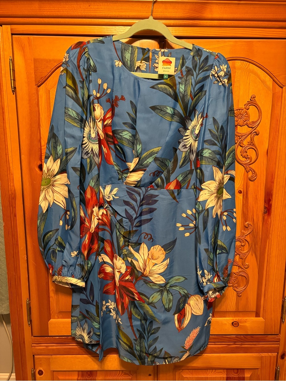 FARM RIO Blue Surreal Flowers Wrap Mini Dress Size M